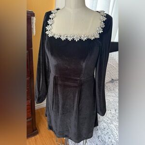 Black Velvet Long-Sleeve Dress with Crystal Trim
